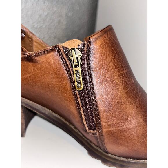 Pikolinos Baqueira Cognac Leather Ankle Booties 36 5.5–6 Stacked Heel Zip Casual - Picture 7 of 11